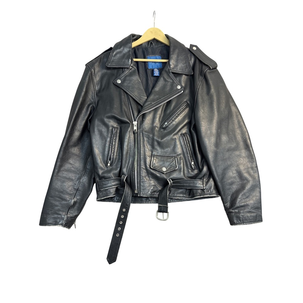 Towncraft Black Genuine Leather Moto Biker Jacket Belted Quilted Lining Large